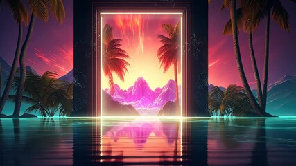 Poster - Mysterious door or portal with neon light in the jungle in synthwave style