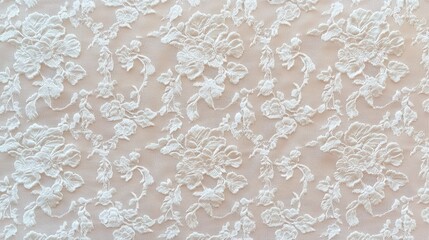 delicate, floral lace fabric with embossed white flowers on a light beige background.