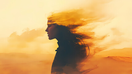 Wall Mural - Sand blown woman in desert background generative ai. Mirage. Illustration