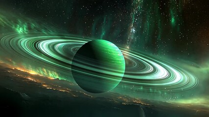 Wall Mural - stunning cosmic landscape featuring a green planet with luminous rings against a starry background