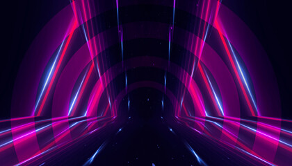 Abstract neon tunnel, neon background. Bright rays and lines.