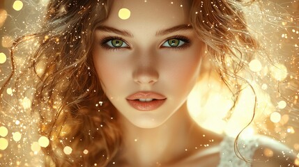 Wall Mural - Beautiful young woman with flowing curly hair illuminated by warm light and surrounded by shimmering bokeh effect