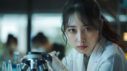 Asian female scientist analyzing petri dish samples under a microscope in a state-of-the-art pharmaceutical lab. Colleagues working on biotech research