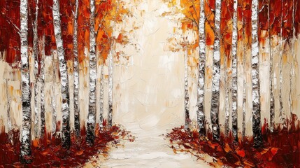 Wall Mural - autumn forest path, vibrant colors, textured trees, soft light.