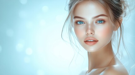 Wall Mural - Portrait of a young woman with striking blue eyes, illuminated by soft light, showcasing natural beauty and delicate features in a serene setting