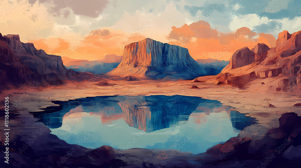 Source Mirage Ilustração Artwork of a desert mirage reflecting a water source. mirage ...