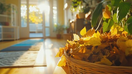 Wall Mural - autumn leaves in a basket in a bright home interior. sunlight streams through the window.