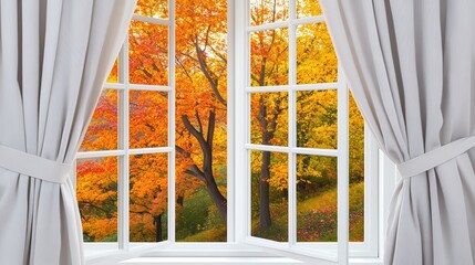 Wall Mural - autumn leaves view from a window with white curtains.