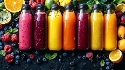 Wall Mural - Refreshing healthy smoothies in glass bottles with fresh fruits kitchen counter beverage photography vibrant setup close-up for seo impact