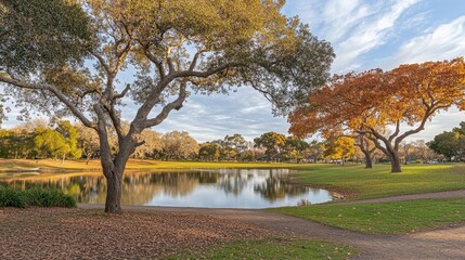Wall Mural - autumn park scene with a tranquil pond reflecting trees.