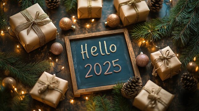 Hello 2025, Festive New Year Greeting on Chalkboard with Christmas Gift Boxes ,Holiday Decorations and Lights