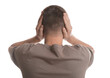 © New Africa - Man covering his ears on white background, back view