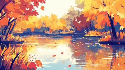 Wall Mural - autumnal lake scene with vibrant fall foliage reflecting on the calm water.