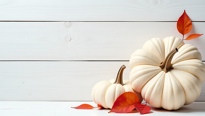 Aufkleber - White and orange pumpkins with orange and red leaves sit on a simple white wooden backdrop created by a generated artificial intelligence._00001_