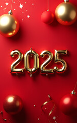 Aufkleber - Vibrant red background features golden balloons and red Christmas ornaments forming 2025, symbolizing joyful celebration of the New Year._00001_