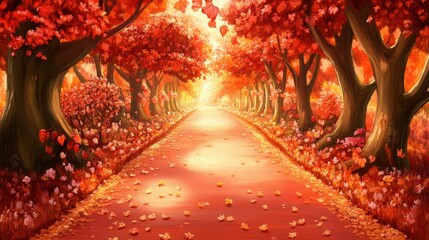 Wall Mural - autumnal pathway lined with vibrant red trees, sunlight filtering through leaves.