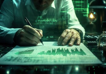 Aufkleber - Business professional analyzing financial data with futuristic digital graphics and statistics, showcasing investment trends and market analysis in a high-tech environment