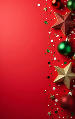 Aufkleber - Vertical top view photo of star ornaments confetti and red green and gold baubles on a plain red background with empty space above._00001_