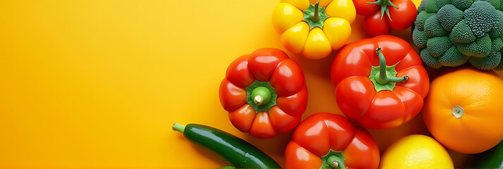 Aufkleber - Vertical top view photo of raw vegetables and fruits on an isolated orange background with plenty of empty space around them._00001_