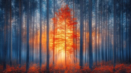 Wall Mural - autumnal sunrise in a mystical forest, with vibrant fall foliage and sunbeams illuminating a single 