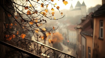 Wall Mural - autumnal view of a european city through a balcony.