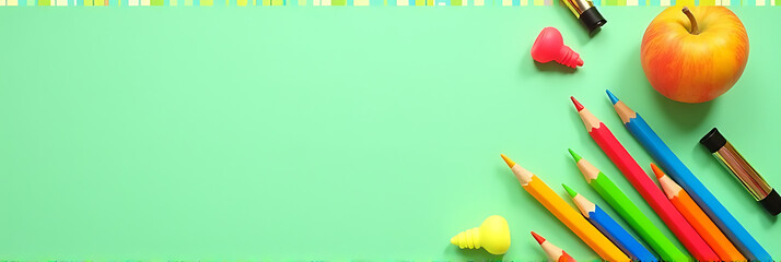 Aufkleber - School supplies lie neatly organized on a pastel green background with empty space in a tidy, minimalist office or study setting._00001_