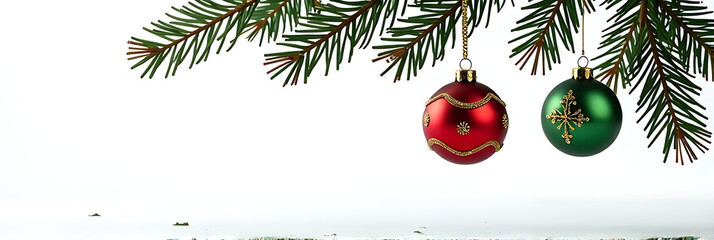 Poster - Red, green, and gold ornaments hang from a tree branch with mistletoe and pine needles scattered across an isolated white snowy scene._00001_