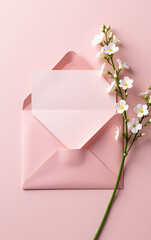 Aufkleber - Pink envelope with pink paper card, curly ribbon, and white gypsophila flowers on a soft pink background with plenty of empty space._00001_