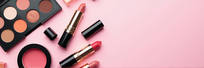 Aufkleber - Photo of makeup products including eyeshadow palette, lipstick, blush, and more on a soft pastel pink background with empty space._00001_