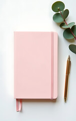 Aufkleber - Photo of a tidy workspace with a pink planner a gold pen and eucalyptus on a white background providing a clean minimalist space._00001_