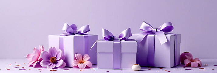Aufkleber - Lilac gift boxes with violet ribbons, bows, flowers, and confetti sit on a purple background, surrounded by empty space and subtle decorations._00001_