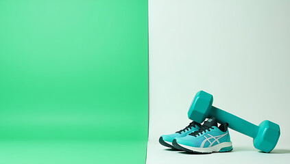 Aufkleber - Image of dumbbells and sneakers set against a bicolor green and white background on a sports mat with empty space around them._00001_
