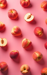 Aufkleber - Fresh peaches are arranged in a seamless pattern on a bright pink background from the perspective of a top view._00001_