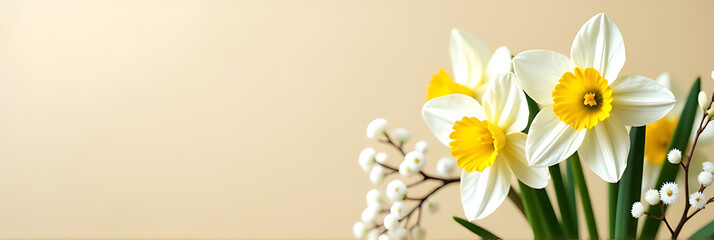 Poster - Fresh daffodils bloom with vibrant white and yellow petals against a soft light beige background amidst gentle gypsophila branches._00001_