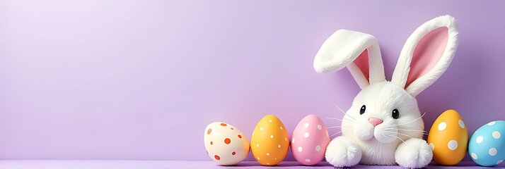 Aufkleber - Fluffy bunny ears and colorful Easter eggs sit atop a soft lilac background with plenty of space for creative additions or text._00001_