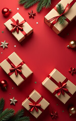 Aufkleber - Flat lay top view of earthy gift boxes adorned with red and gold ornaments on a cheerful red backdrop with festive decorations._00001_