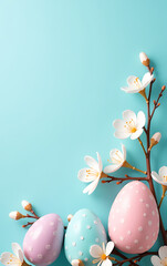 Aufkleber - Decorated eggs and blossoms are set against a soft pastel blue background with space for customized text or promotional elements._00001_