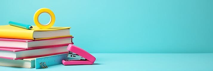 Aufkleber - Colorful school supplies, a planner, pen, tape, stapler, ruler, and clips stacked on a soft pastel blue background for a clean and minimalist look._00001_