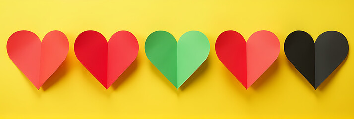 Poster - Colorful paper hearts in red, green, and black adorned a sunny yellow background forming a vibrant visual display suitable for social media._00001_