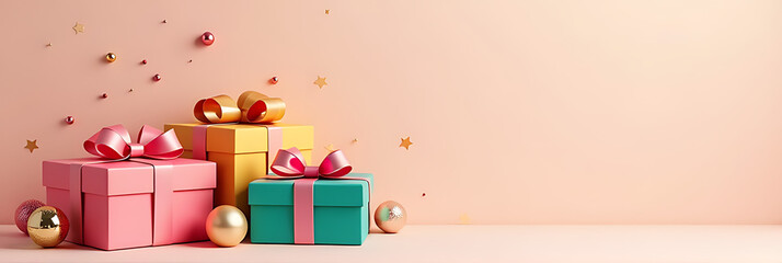 Aufkleber - Colorful gift boxes with bows, gold and pink decorations, and winter elements sit on a pastel beige background with empty space._00001_
