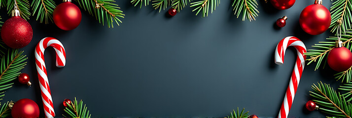 Aufkleber - Christmas decorations in a dark background create a festive border with candy canes, red ornaments, and pine branches arranged in a flat lay._00001_