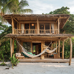 A tropical beach house with bamboo walls, a thatched roof, and hammocks hanging on the porch