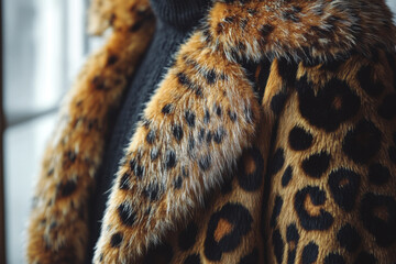 close up luxurious fur coat in leopard print. animal fur background.