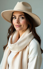 Aufkleber - A woman wears a floppy hat and soft cashmere scarf against a dreamy light grey background conveying carefree elegance._00001_