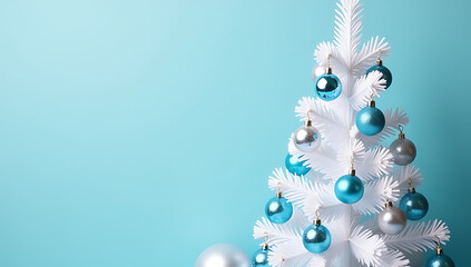 Aufkleber - A white Christmas tree is decorated with glittering blue and silver ornaments, set against a serene pastel blue background._00001_
