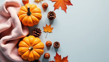 Poster - A warm autumn atmosphere is created with a soft scarf, rustic pumpkins, maple leaves, and pinecones set against a calming light grey backdrop._00001_