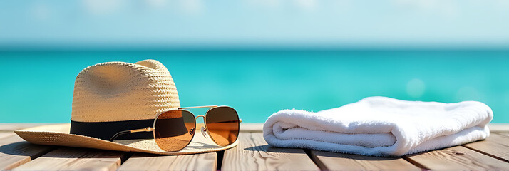 A serene summer atmosphere featuring a straw hat, sunglasses, and towel on a wooden dock with an ocean and sky backdrop._00001_