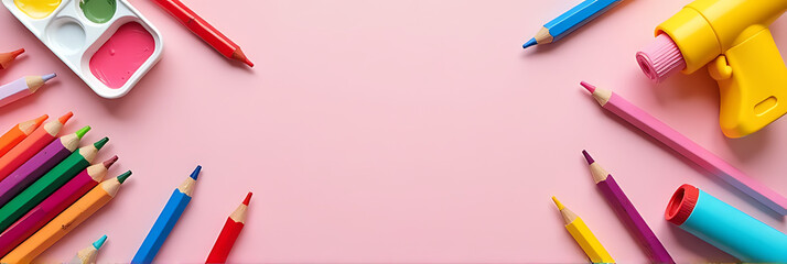 Aufkleber - A primary school art studio scene features a colorful array of creative supplies arranged on a pastel pink background with plenty of empty space._00001_