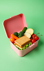 Poster - A picture of a lunchbox packed with sandwiches, fruits, and veggies on a light green background offers ample space for text or promotion._00001_