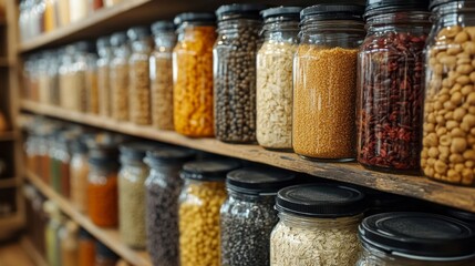Poster - A quaint shop features shelves filled with numerous glass jars containing colorful spices, grains, and legumes. The warm atmosphere invites exploration and discovery.